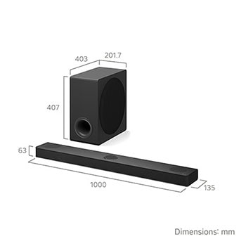 Angled view of LG Soundbar S80TY and subwoofer with measurement