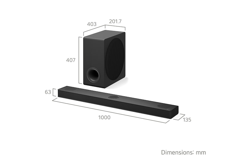 Angled view of LG Soundbar S80TY and subwoofer with measurement