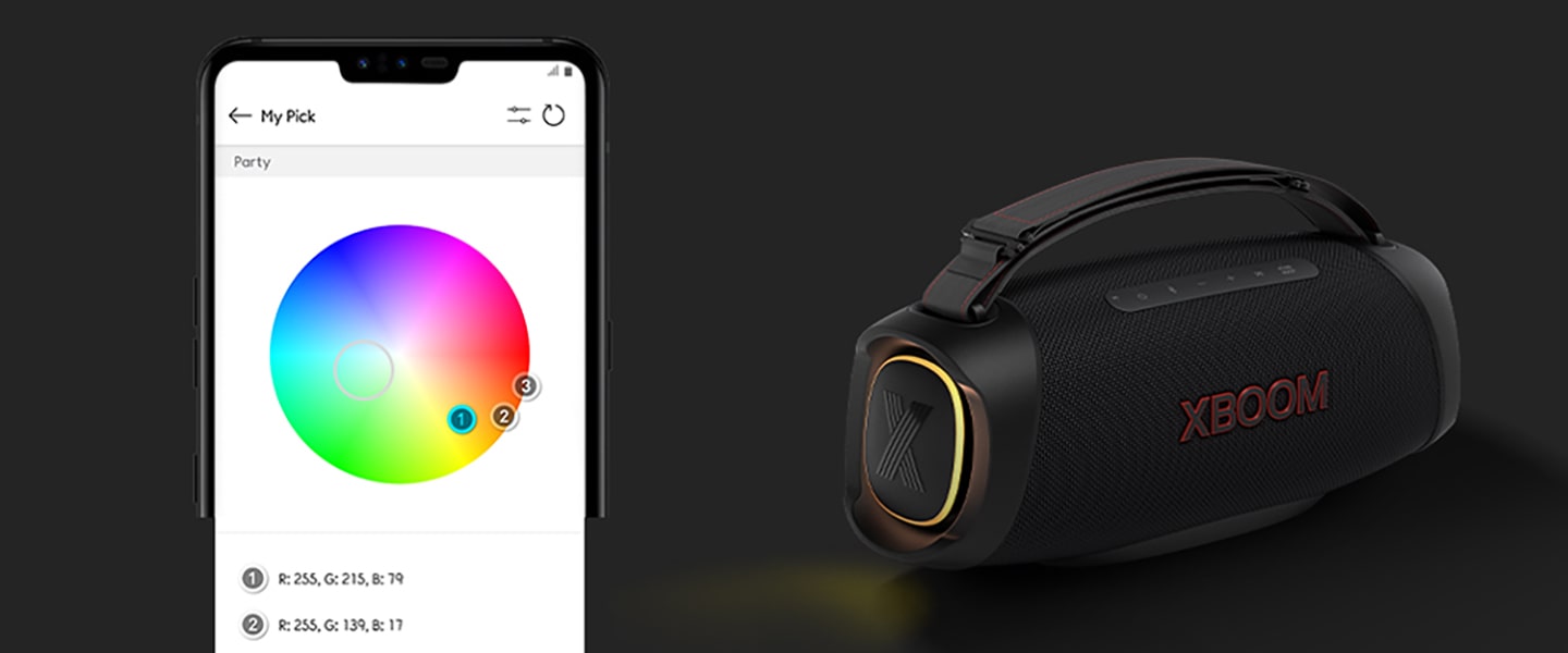 On the left, My style UI is shown. On the right side, LG XBOOM Go XG8T with yellow lighting is placed on the floor.