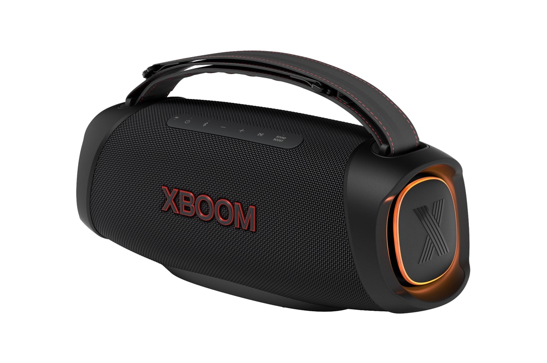 Immagine dello speaker visto da tre quarti verso sinistra con l'illuminazione accesa