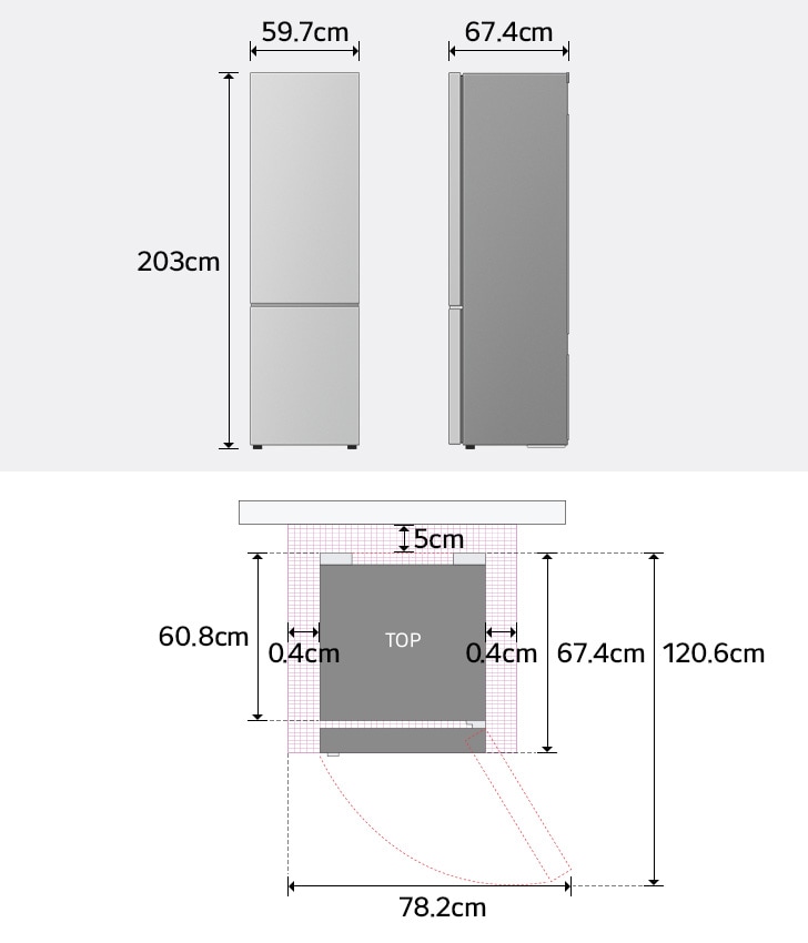 Front and side view dimensions of the Lg bottom freezer (GBBS726CPY): 203cm height, 59.7cm width, 67.4cm depth