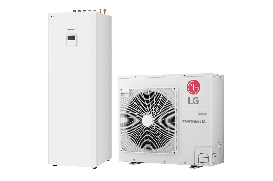 45 degree right side view of a white rectangular indoor unit and an outdoor unit with two round fans displayed side by side.