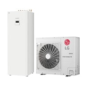 45 degree right side view of a white rectangular indoor unit and an outdoor unit with two round fans displayed side by side.