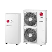 45 degree right side view of a white rectangular indoor unit and an outdoor unit with two round fans displayed side by side.