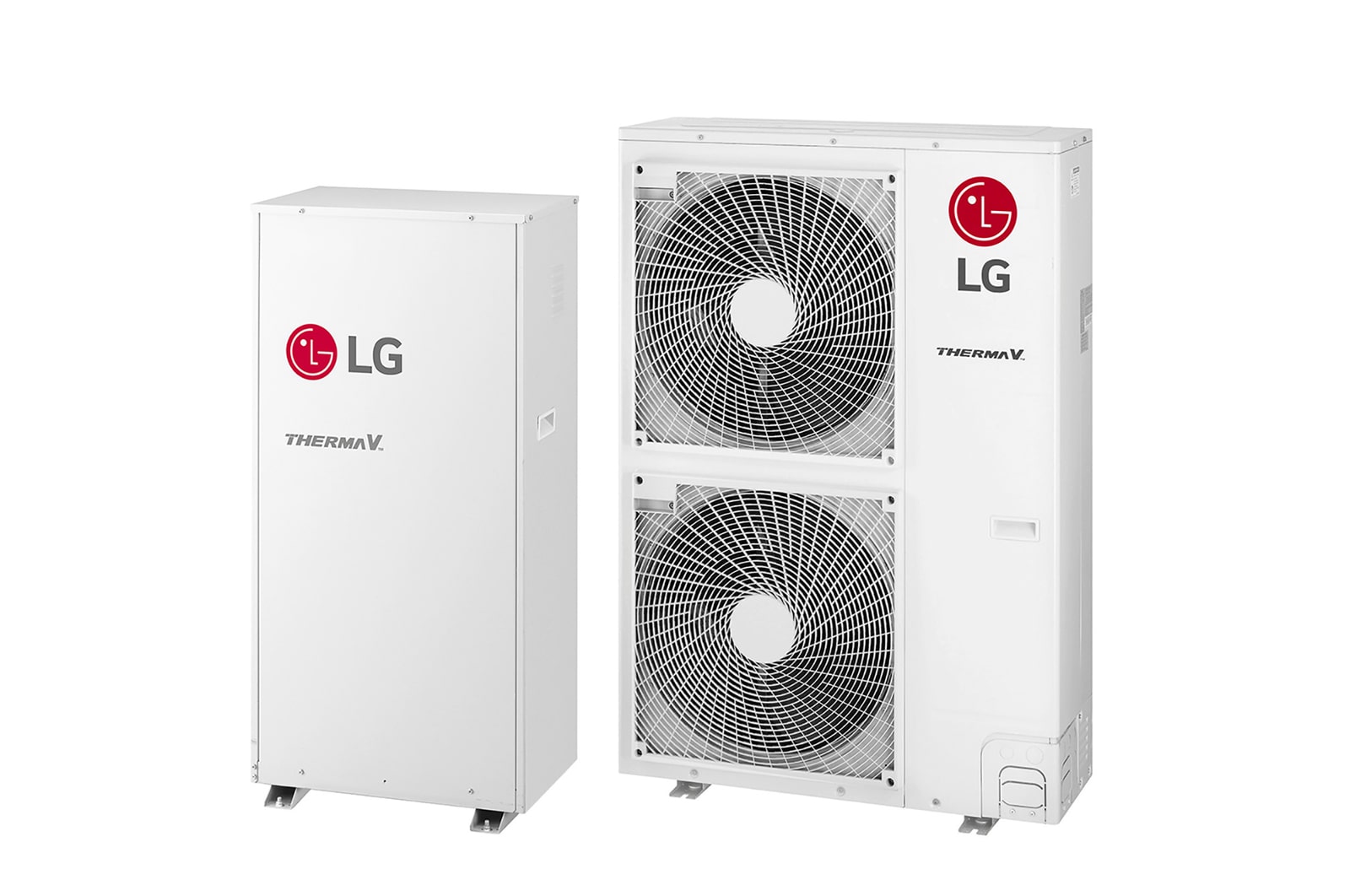 45 degree right side view of a white rectangular indoor unit and an outdoor unit with two round fans displayed side by side.