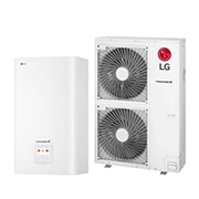 45 degree right side view of a white rectangular indoor unit and an outdoor unit with two round fans displayed side by side.