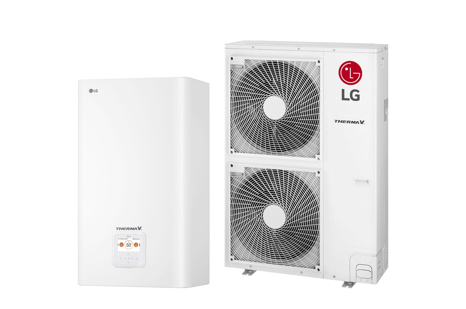 45 degree right side view of a white rectangular indoor unit and an outdoor unit with two round fans displayed side by side.