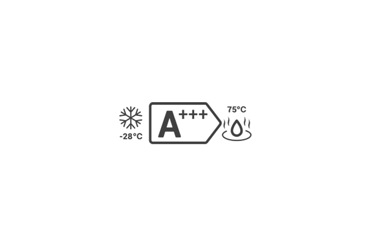 A large pentagram arrow with an 'A+++' letter in the center. On the left is a snowflake icon, a '-28°C' letter on the bottom, and on the right is a water droplet icon, a '75°C' letter on the top.	