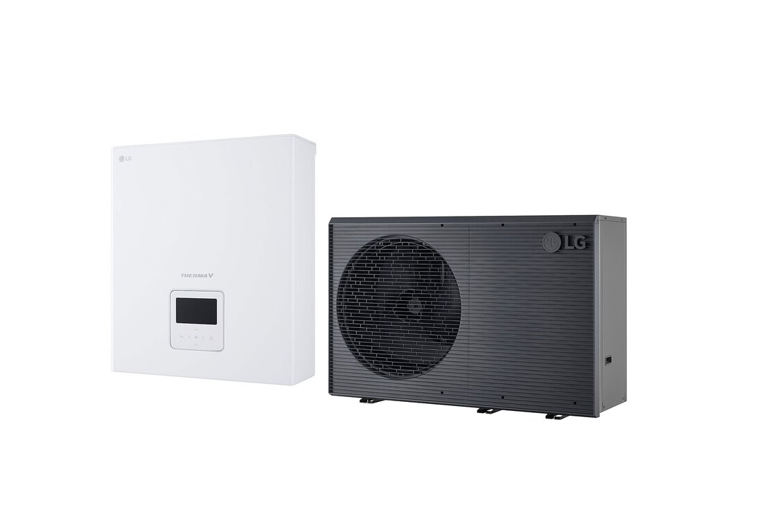 LG Air to Water Heat Pump THERMA V, black-colored outdoor unit designed with grey wavey grill	