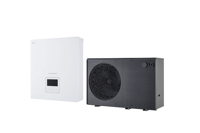 LG Air to Water Heat Pump THERMA V, black-colored outdoor unit designed with grey wavey grill	