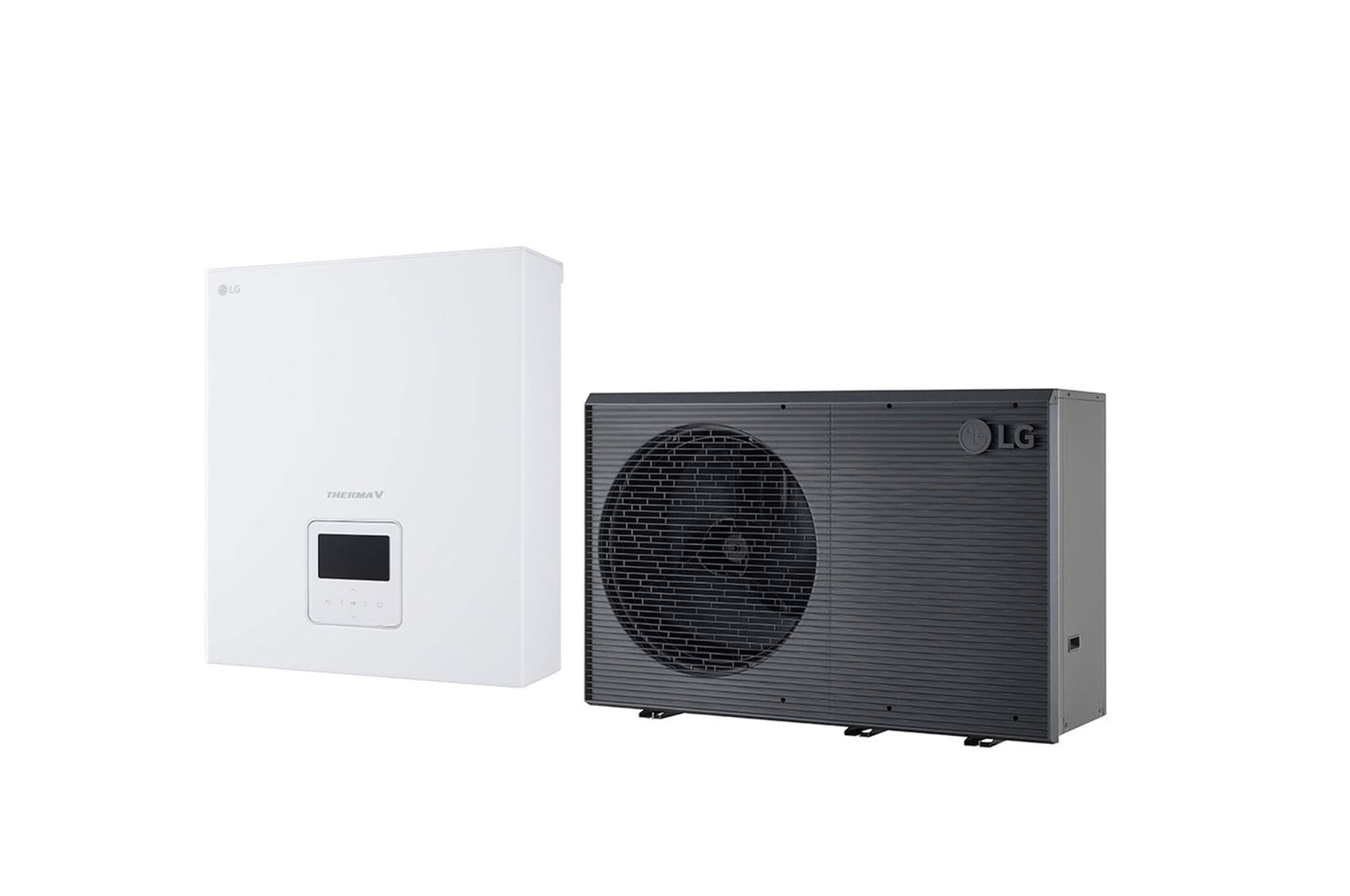 LG Air to Water Heat Pump THERMA V, black-colored outdoor unit designed with grey wavey grill	