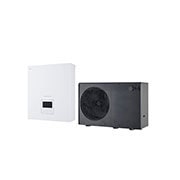 LG Air to Water Heat Pump THERMA V, black-colored outdoor unit designed with grey wavey grill	