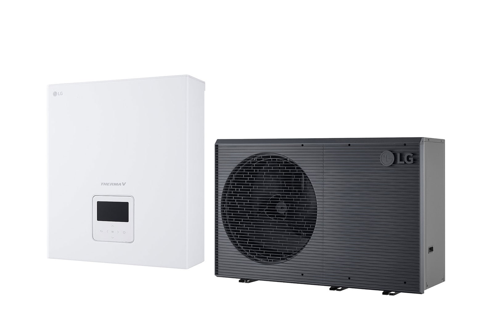 LG Air to Water Heat Pump THERMA V, black-colored outdoor unit designed with grey wavey grill	