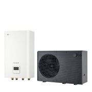 LG Air to Water Heat Pump THERMA V, black-colored outdoor unit designed with grey wavey grill