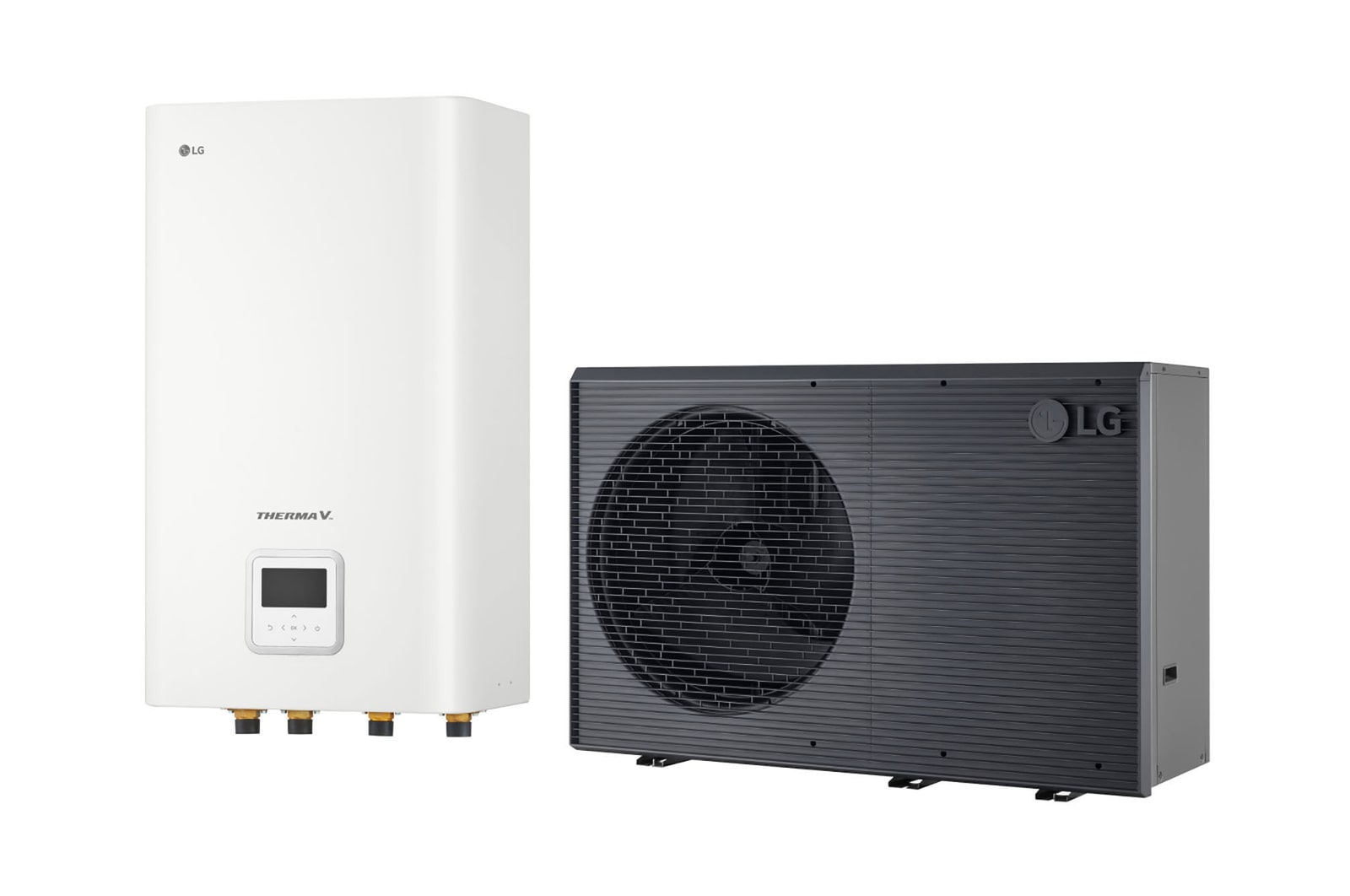 LG Air to Water Heat Pump THERMA V, black-colored outdoor unit designed with grey wavey grill
