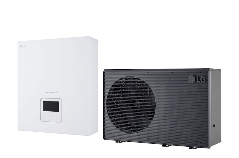 LG Air to Water Heat Pump THERMA V, black-colored outdoor unit designed with grey wavey grill	