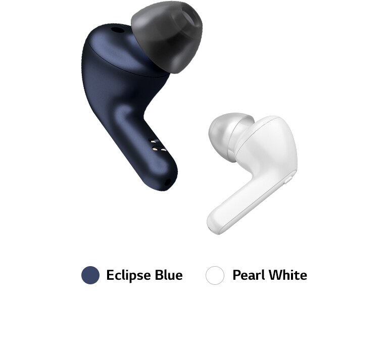 An image of the earbuds tip in two colors, blue and white, facing each other.