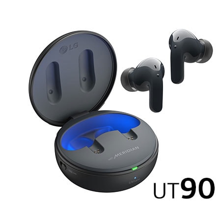 While the earbuds are in the air, light is emitted from the case, opening the cradle's lid. Plug and Wireless appear on the left, UVnano and Dolby Atmos logos on the right.