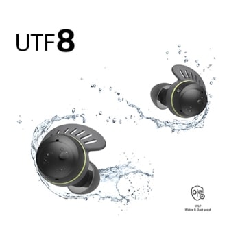 TONE Free fit earbuds being splashed by water and droplets.