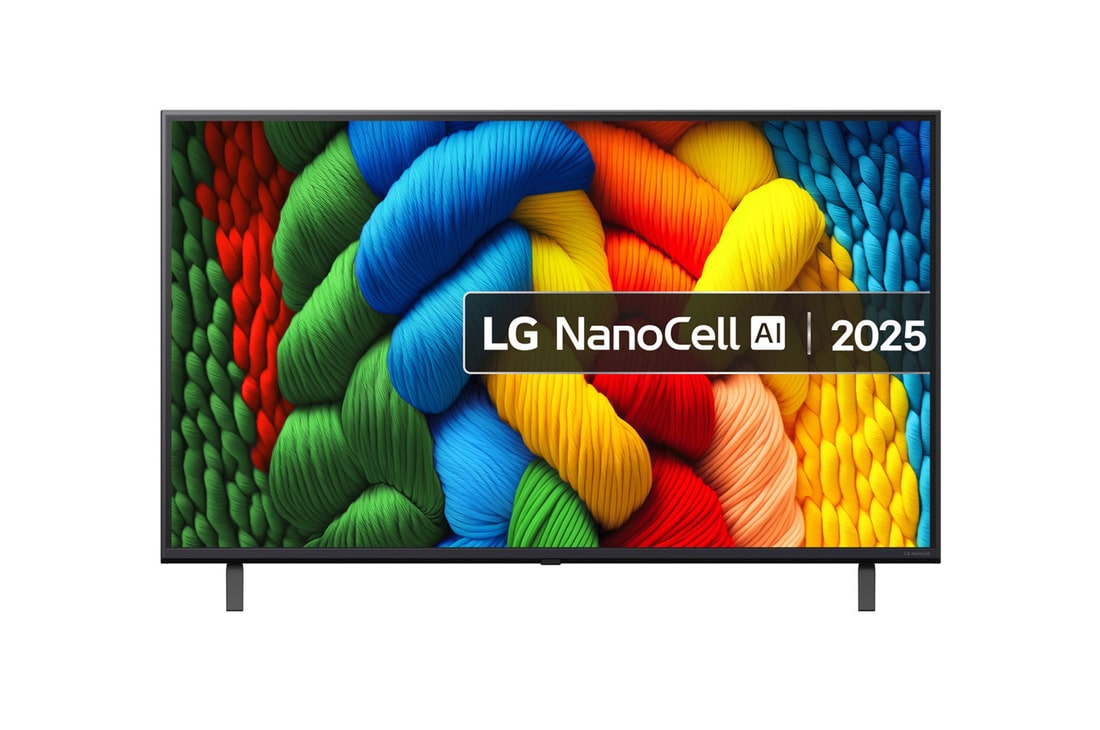Front view of NanoCell TV, LG NanoCell Al Logo on the top corner. LG NanoCell NANO80 TV depicts colourful paintike textures coming together.