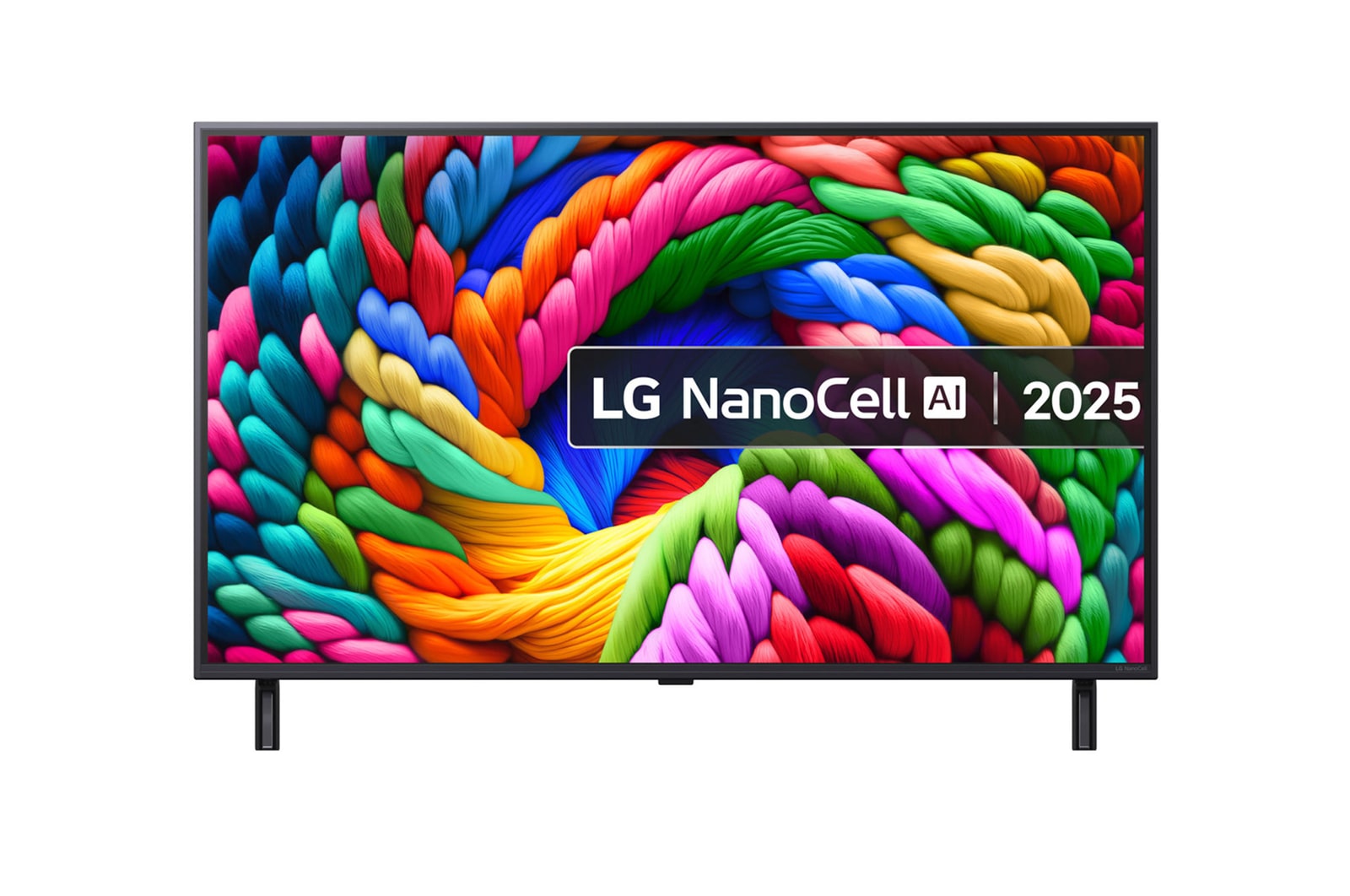 Front view of NanoCell TV, LG NanoCell Al Logo on the top corner. LG NanoCell NANO80 TV depicts colourful paintike textures coming together.