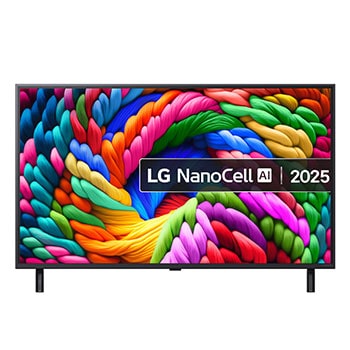 Front view of NanoCell TV, LG NanoCell Al Logo on the top corner. LG NanoCell NANO80 TV depicts colourful paintike textures coming together.