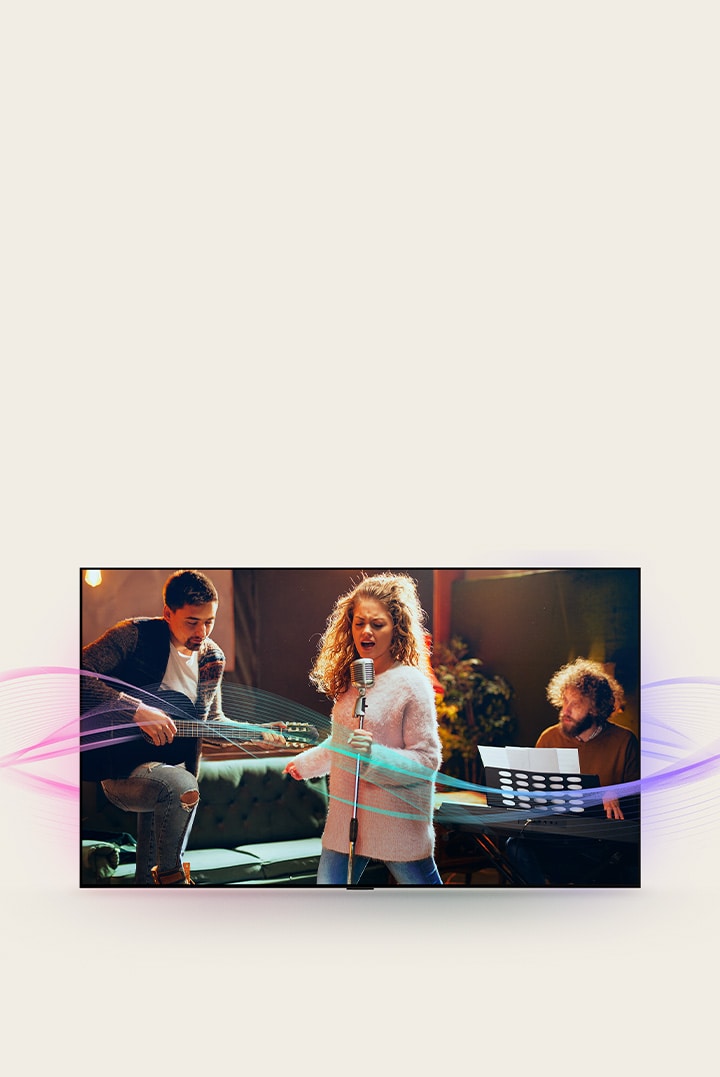 A man playing guitar, a woman singing into a mic, and a man playing the piano are pictured. Soundwaves which are coming from them are seen to show sound emission and how sound quality is enhanced with Al Clear Sound.