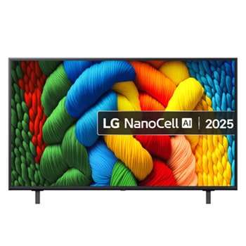 Front view of NanoCell TV, LG NanoCell Al Logo on the top corner. LG NanoCell NANO80 TV depicts colourful paintike textures coming together.