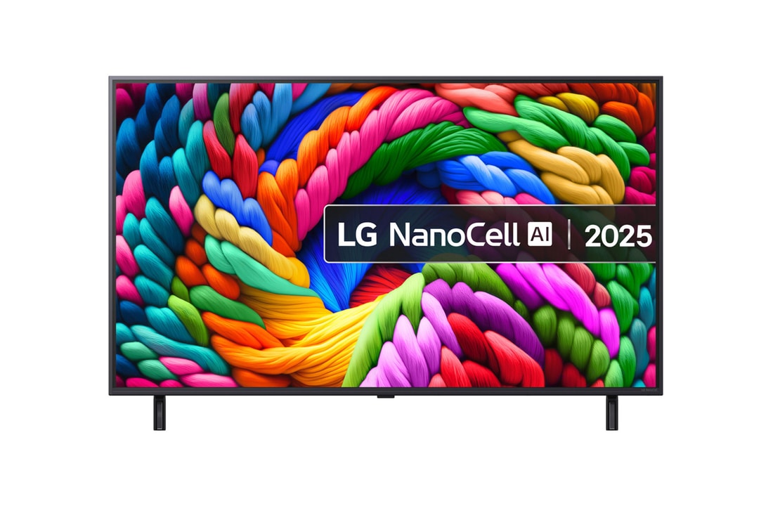 Front view of NanoCell TV, LG NanoCell Al Logo on the top corner. LG NanoCell NANO80 TV depicts colourful paintike textures coming together.