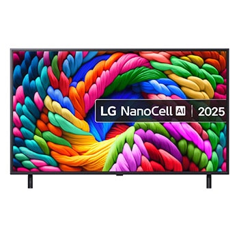 Front view of NanoCell TV, LG NanoCell Al Logo on the top corner. LG NanoCell NANO80 TV depicts colourful paintike textures coming together.