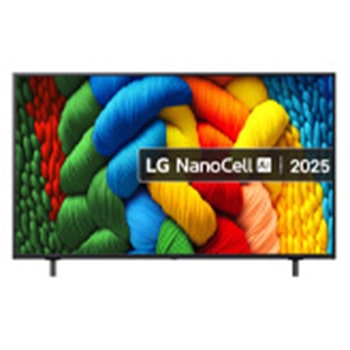 Front view of NanoCell TV, LG NanoCell Al Logo on the top corner. LG NanoCell NANO80 TV depicts colourful paintike textures coming together.
