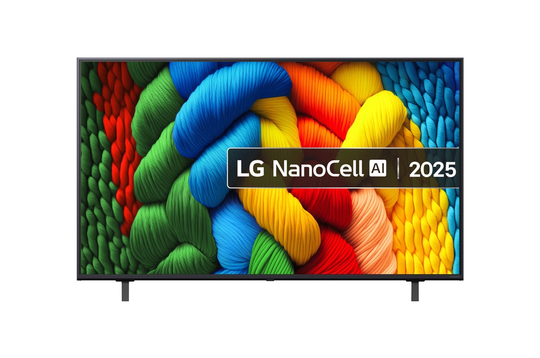 Front view of NanoCell TV, LG NanoCell Al Logo on the top corner. LG NanoCell NANO80 TV depicts colourful paintike textures coming together.