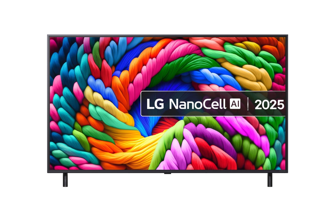 Front view of NanoCell TV, LG NanoCell Al Logo on the top corner. LG NanoCell NANO80 TV depicts colourful paintike textures coming together.