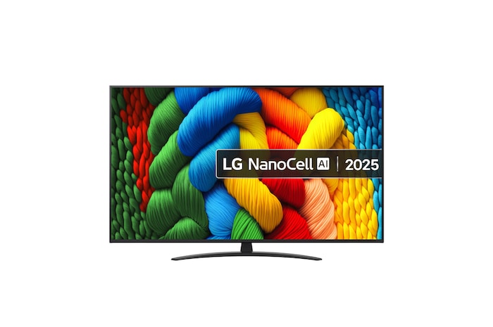 Front view of 65 inch LG NanoCell AI NANO81 4K Smart TV 2025 65NANO81A6A