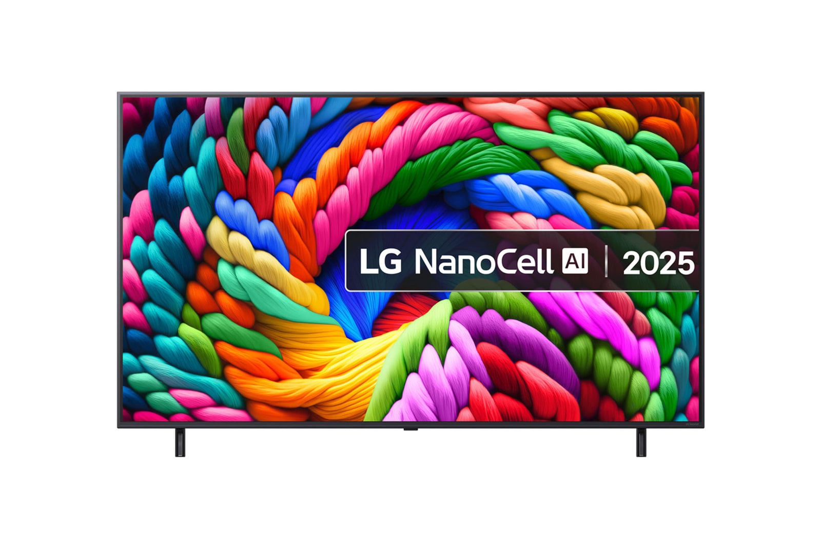 Front view of NanoCell TV, LG NanoCell Al Logo on the top corner. LG NanoCell NANO80 TV depicts colourful paintike textures coming together.