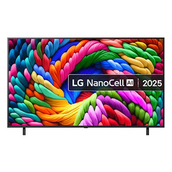 Front view of NanoCell TV, LG NanoCell Al Logo on the top corner. LG NanoCell NANO80 TV depicts colourful paintike textures coming together.