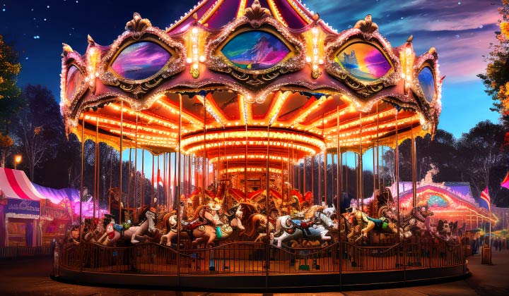 A faded carousel is washed with a wave of colours, resulting in a sharper visualization of a brightly lit colourful carousel. 
