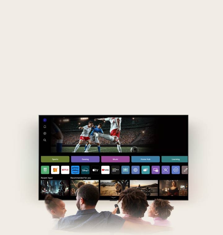 Family of four is gathered around an LG AI TV. A circle appears around the person holding the remote showing their name. This showcases how AI Voice ID recognizes each user's voice signature. The webOS interface then shows how the AI automatically switches the account and recommends personalized content. 