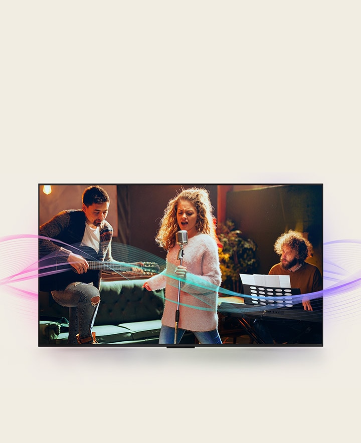 A man playing guitar, a woman singing into a mic, and a man playing the piano are pictured. Soundwaves which are coming from them are seen to show sound emission and how sound quality is enhanced with Al Clear Sound.