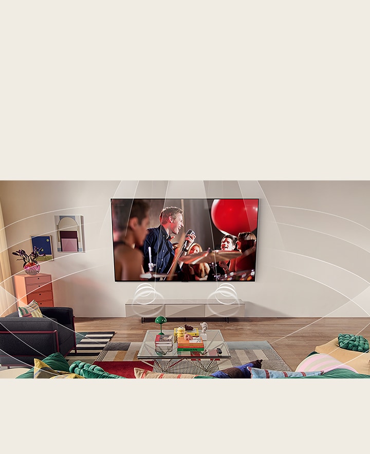 Living room with a wall-mounted LG TV. Sound waves are graphically represented to fill the space showing how virtual 9.1.2 channels create a surround sound experience for the user. 