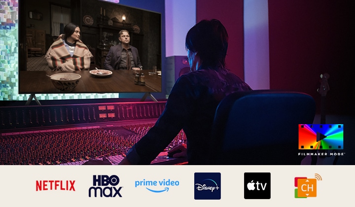 A director in front of a control panel editing the movie "Killers of the Flower Moon" on an LG NanoCell TV. Bottom left of the image has the FILMMAKER MODE™ logo. Below the image are logos for Netflix, HBOmax, Prime Video, Disney Plus, Apple TV and LG Channels.