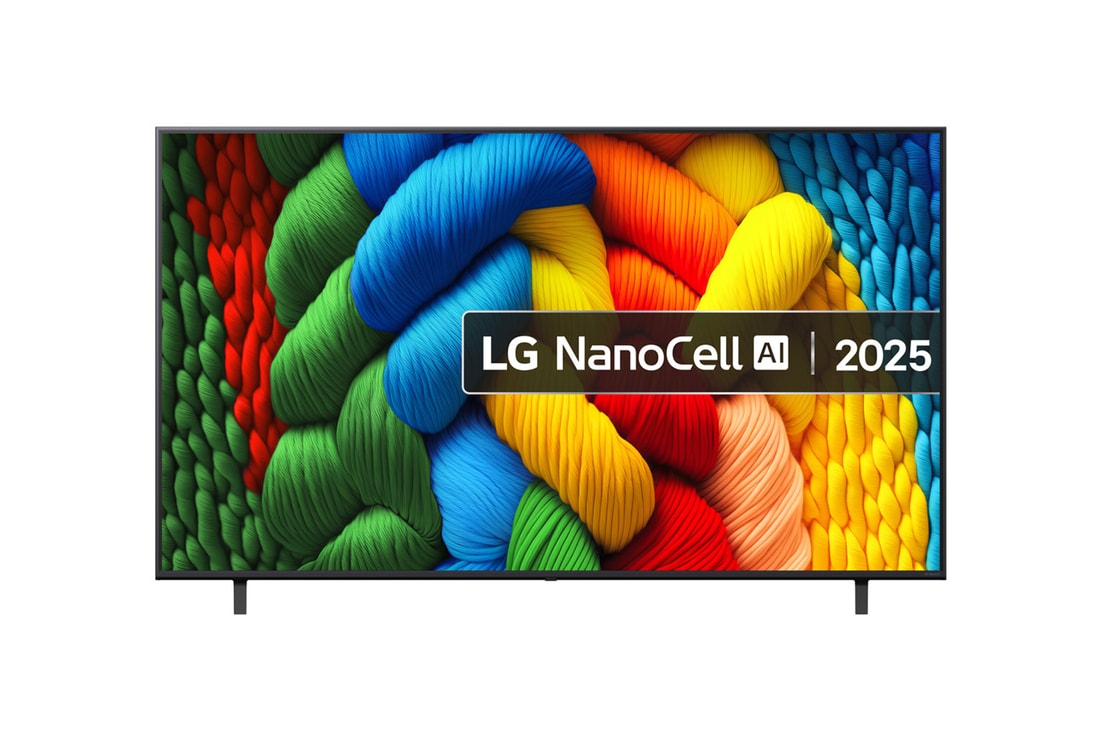 Front view of NanoCell TV, LG NanoCell Al Logo on the top corner. LG NanoCell NANO80 TV depicts colourful paintike textures coming together.