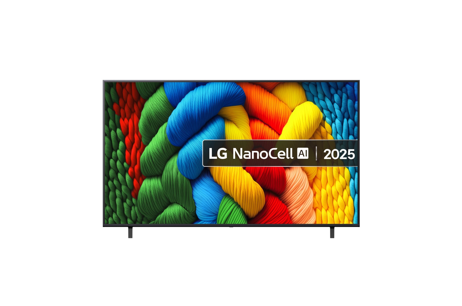 Front view of NanoCell TV, LG NanoCell Al Logo on the top corner. LG NanoCell NANO80 TV depicts colourful paintike textures coming together.