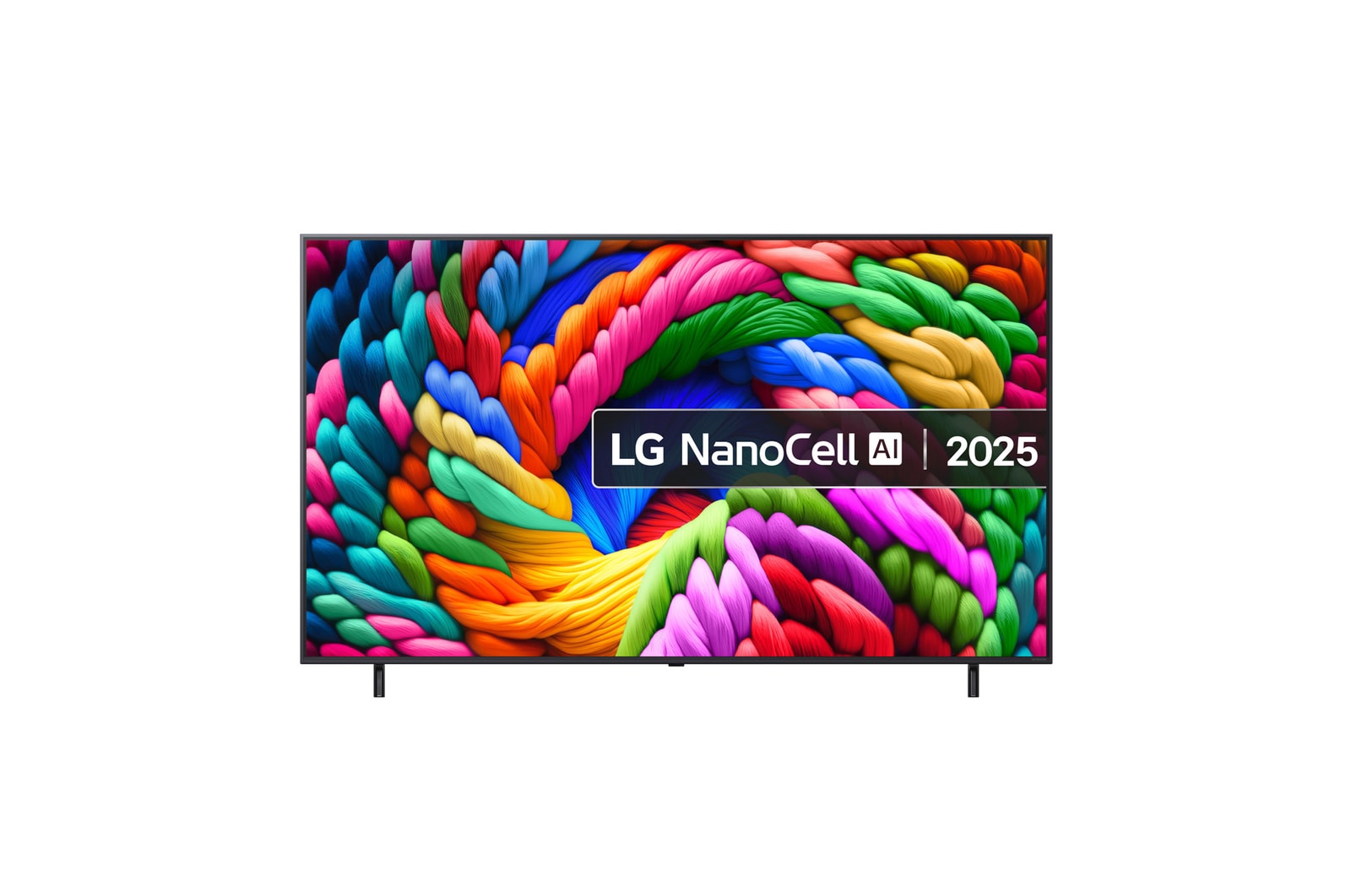 Front view of NanoCell TV, LG NanoCell Al Logo on the top corner. LG NanoCell NANO80 TV depicts colourful paintike textures coming together.
