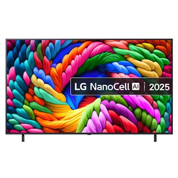 Front view of NanoCell TV, LG NanoCell Al Logo on the top corner. LG NanoCell NANO80 TV depicts colourful paintike textures coming together.