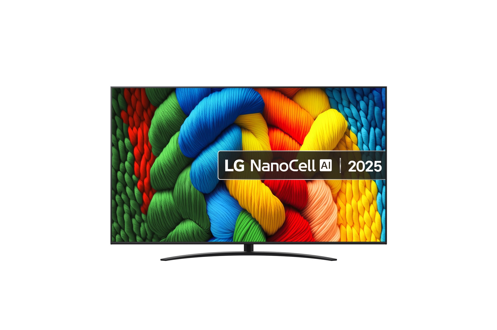 Front view of NanoCell TV, LG NanoCell Al Logo on the top corner. LG NanoCell NANO80 TV depicts colourful paintike textures coming together.