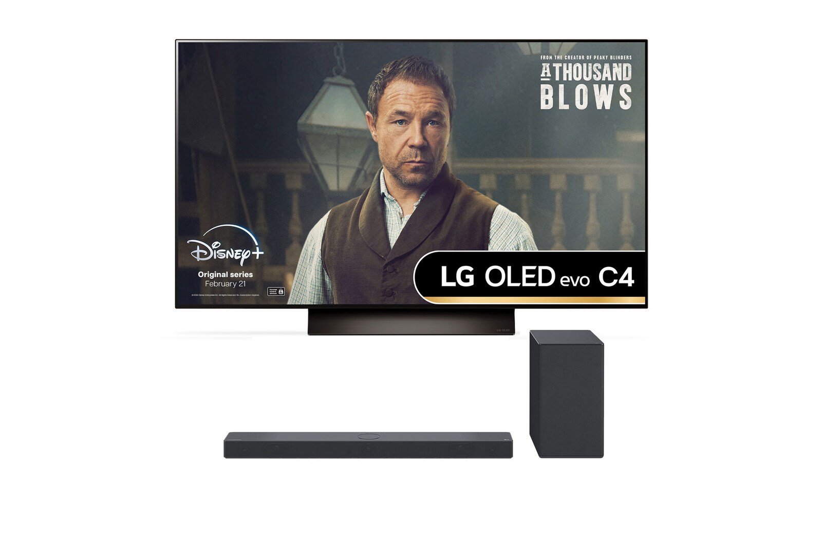 Front view of TV and Front angle view of LG Sound Bar USC9S and Woofer