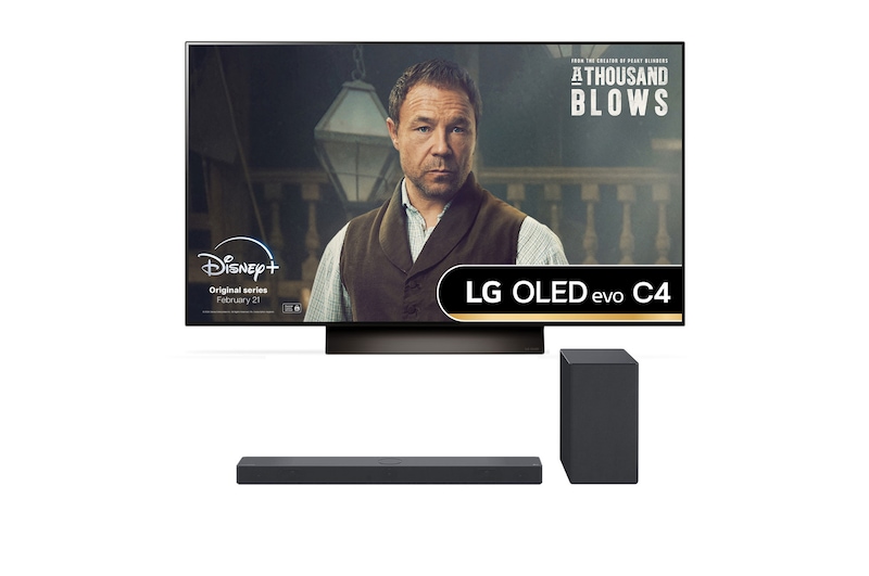 Front view of TV and Front angle view of LG Sound Bar USC9S and Woofer