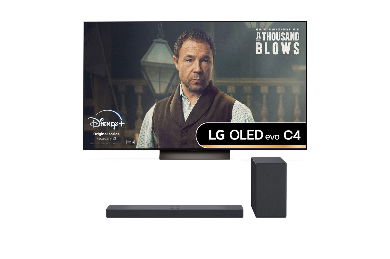 Front view of 65 inch LG OLED evo AI C4 4K Smart TV and USC9S Soundbar OLED65C43LA.USC9S