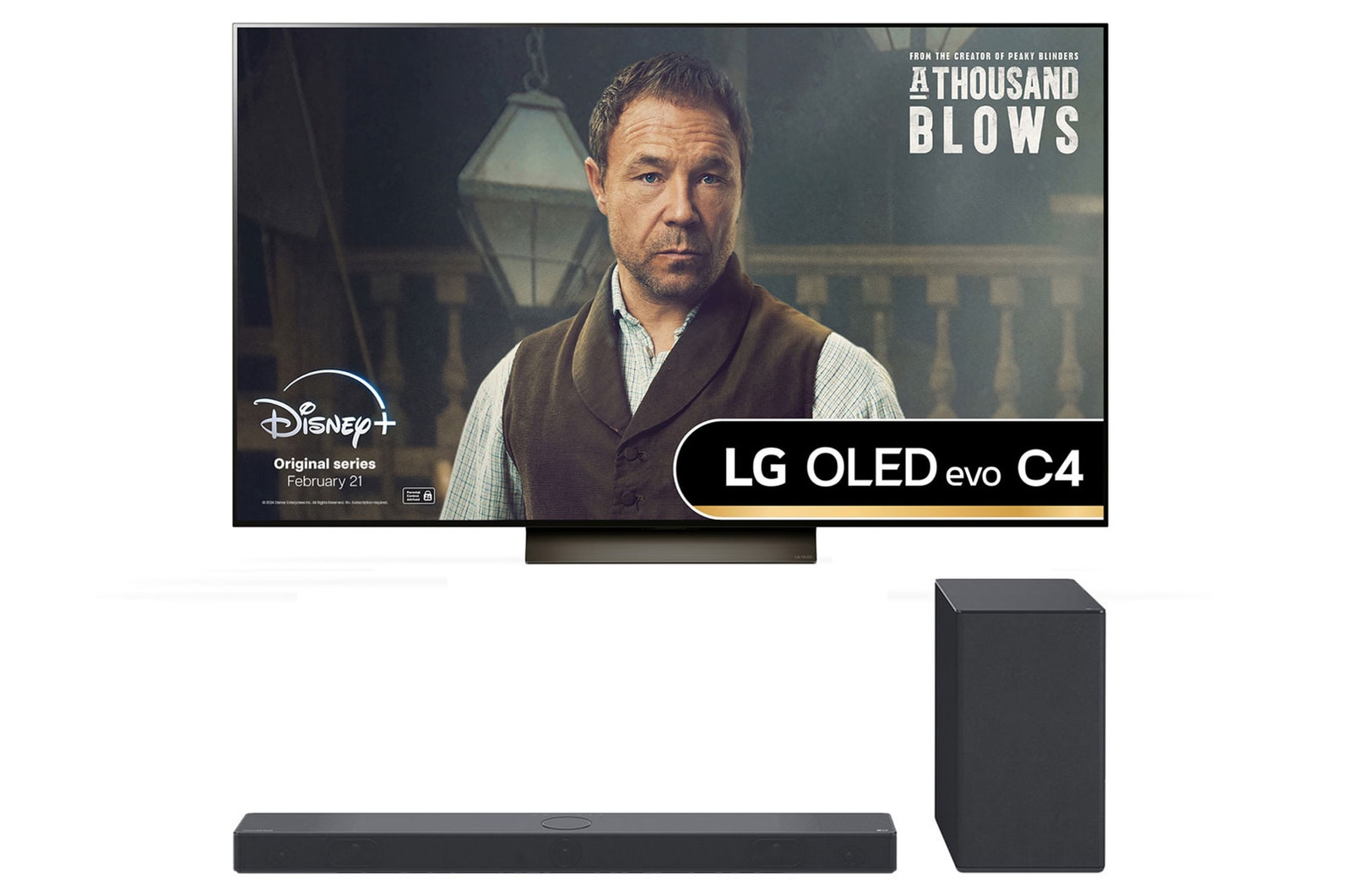 Front view of LG OLED evo OLED42C44LA TV with world’s number 1 OLED TV for 11 years emblem written in gold and Front angle view of LG Sound Bar USC9S and Woofer